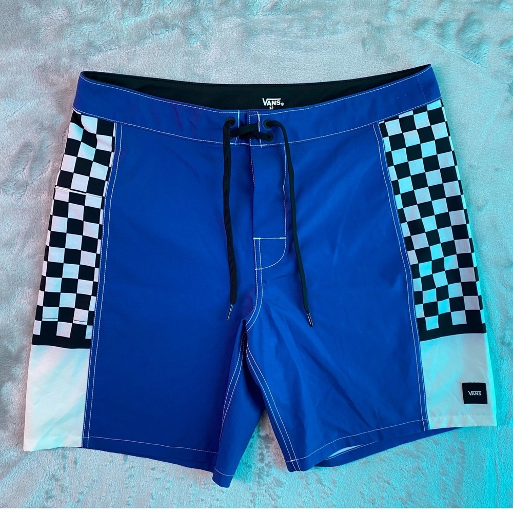Vans Board Shorts Mens 32 Blue Checkerboard Side Stripe Swim Trunks VN0A54EHPW8